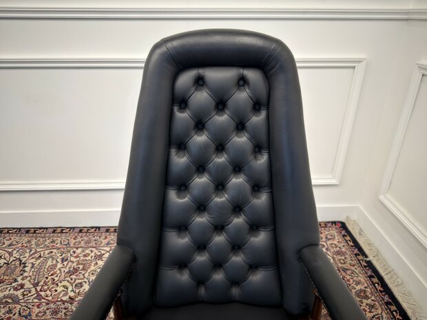 Klassiek-Engels-Antiek-Oud-Chesterfield-Vintage-Bureaustoel-President-Chair-Zwart-Leder