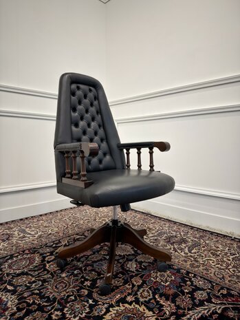 Klassiek-Engels-Antiek-Oud-Chesterfield-Vintage-Bureaustoel-President-Chair-Zwart-Leder