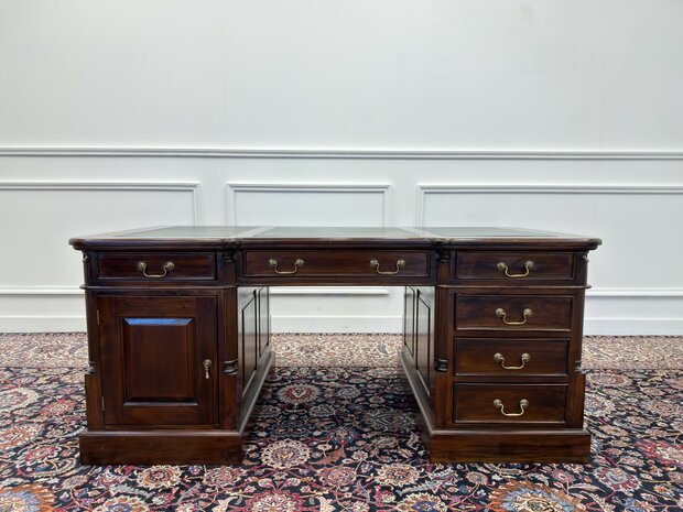 Klassiek-Engels-Antiek-Oud-Chesterfield-Vintage-Bureau-Desk-Partnerdesk-Groen-Leder-Ingelegd