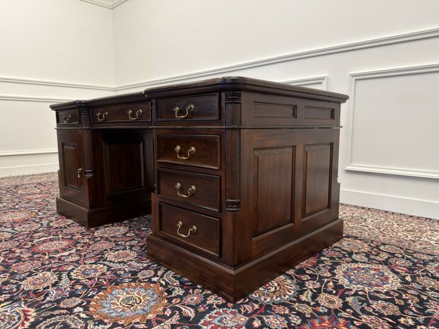 Klassiek-Engels-Antiek-Oud-Chesterfield-Vintage-Bureau-Desk-Partnerdesk-Groen-Leder-Ingelegd