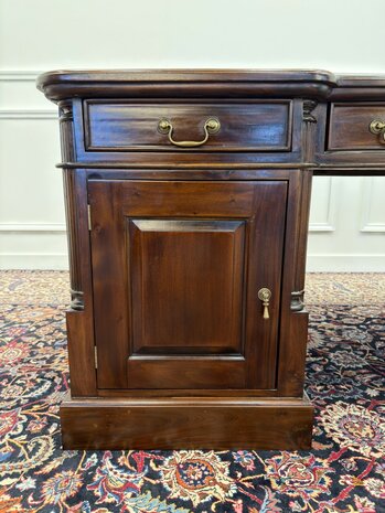 Klassiek-Engels-Antiek-Oud-Chesterfield-Vintage-Bureau-Desk-Partnerdesk-Groen-Leder-Ingelegd