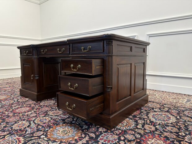 Klassiek-Engels-Antiek-Oud-Chesterfield-Vintage-Bureau-Desk-Partnerdesk-Groen-Leder-Ingelegd