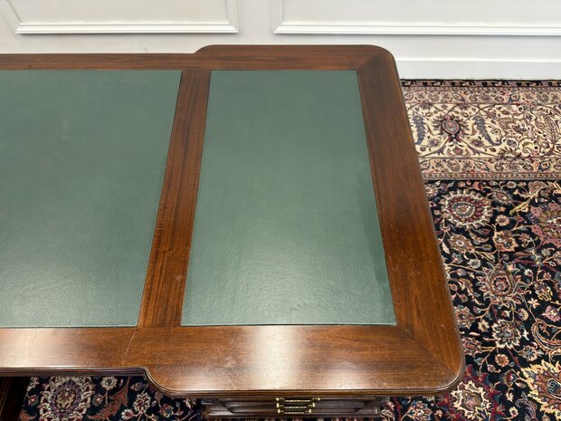 Klassiek-Engels-Antiek-Oud-Chesterfield-Vintage-Bureau-Desk-Partnerdesk-Groen-Leder-Ingelegd