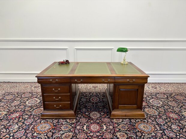 Klassiek-Engels-Antiek-Oud-Chesterfield-Vintage-Bureau-Desk-Partnerdesk-Groen-Leder-Ingelegd