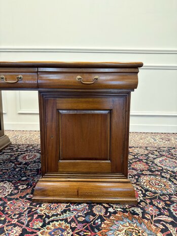 Klassiek-Engels-Antiek-Oud-Chesterfield-Vintage-Bureau-Desk-Partnerdesk-Groen-Leder-Ingelegd