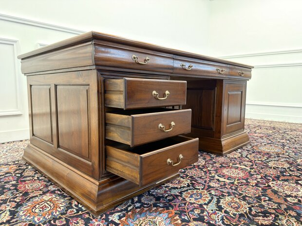 Klassiek-Engels-Antiek-Oud-Chesterfield-Vintage-Bureau-Desk-Partnerdesk-Groen-Leder-Ingelegd