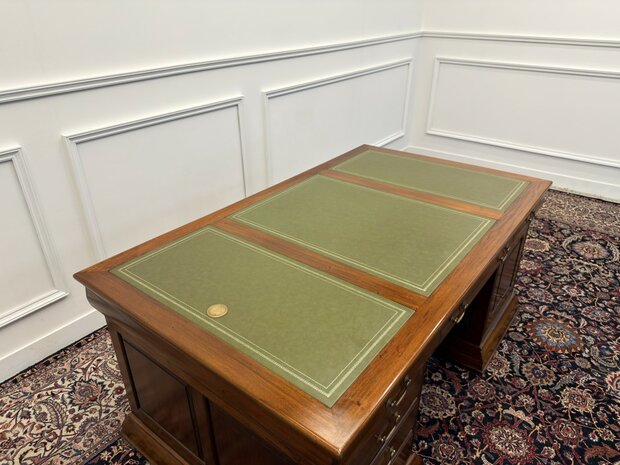 Klassiek-Engels-Antiek-Oud-Chesterfield-Vintage-Bureau-Desk-Partnerdesk-Groen-Leder-Ingelegd