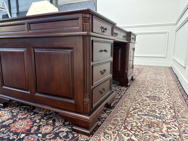 Klassiek-Engels-Antiek-Oud-Vintage-Chesterfield-Bureau-Desk-Partnerdesk-Groen-Leder