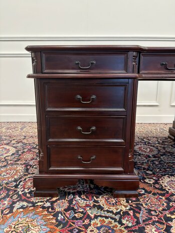 Klassiek-Engels-Antiek-Oud-Vintage-Chesterfield-Bureau-Desk-Partnerdesk-Groen-Leder