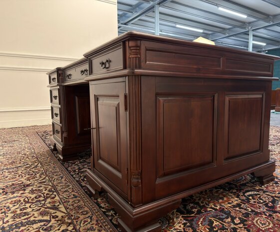 Klassiek-Engels-Antiek-Oud-Vintage-Chesterfield-Bureau-Desk-Partnerdesk-Groen-Leder