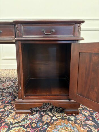 Klassiek-Engels-Antiek-Oud-Vintage-Chesterfield-Bureau-Desk-Partnerdesk-Groen-Leder