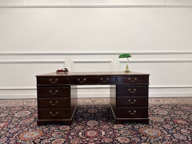 Klassiek-Engels-Antiek-Oud-Vintage-Chesterfield-Bureau-Desk-Partnerdesk-Bruin-Leder