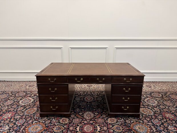 Klassiek-Engels-Antiek-Oud-Vintage-Chesterfield-Bureau-Desk-Partnerdesk-Bruin-Leder