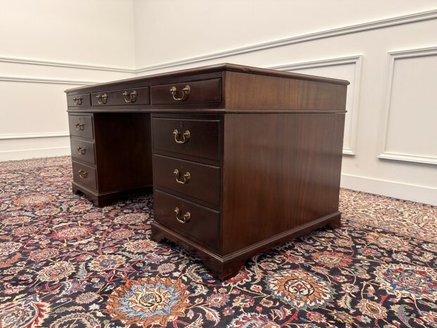 Klassiek-Engels-Antiek-Oud-Vintage-Chesterfield-Bureau-Desk-Partnerdesk-Bruin-Leder