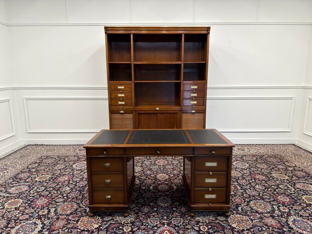 Klassiek-Italiaans-Antiek-Oud-Vintage-Wortelnoten-hout-Bureau-Desk-Groen-Leder