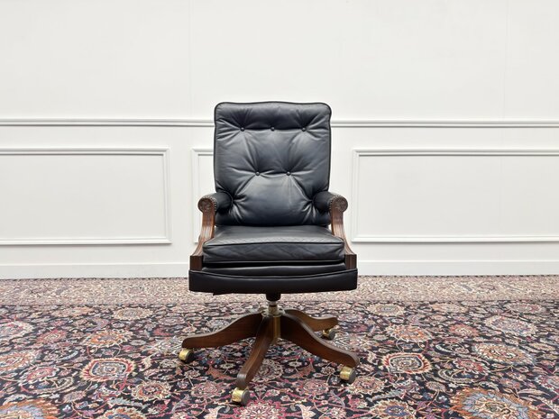 Klassiek-Engels-Antiek-Oud-Vintage-Chesterfield-Bureaustoel-President-Chair-Zwart-Leder