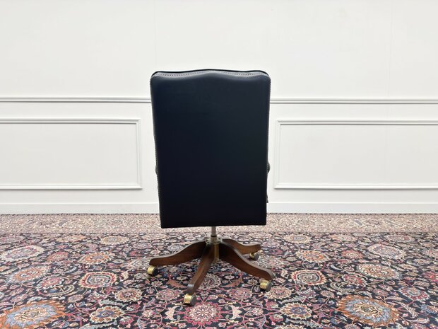 Klassiek-Engels-Antiek-Oud-Vintage-Chesterfield-Bureaustoel-President-Chair-Zwart-Leder
