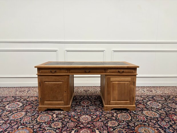Klassiek-Engels-Antiek-Oud-Vintage-Chesterfield-Teak-Bureau-Desk-Bruin-Leder