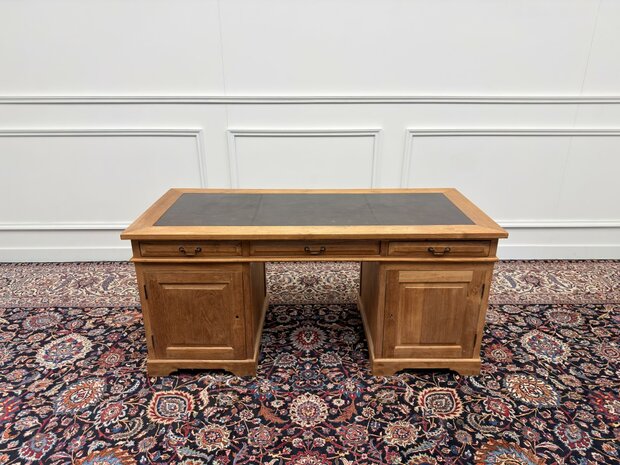 Klassiek-Engels-Antiek-Oud-Vintage-Chesterfield-Teak-Bureau-Desk-Bruin-Leder