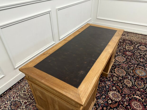 Klassiek-Engels-Antiek-Oud-Vintage-Chesterfield-Teak-Bureau-Desk-Bruin-Leder