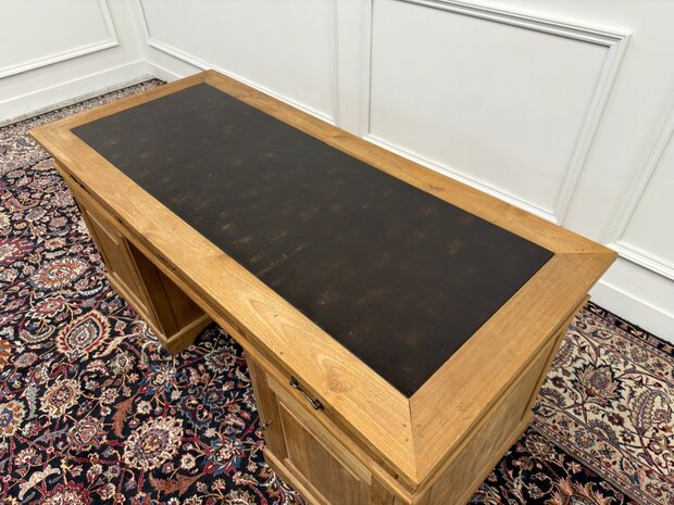 Klassiek-Engels-Antiek-Oud-Vintage-Chesterfield-Teak-Bureau-Desk-Bruin-Leder