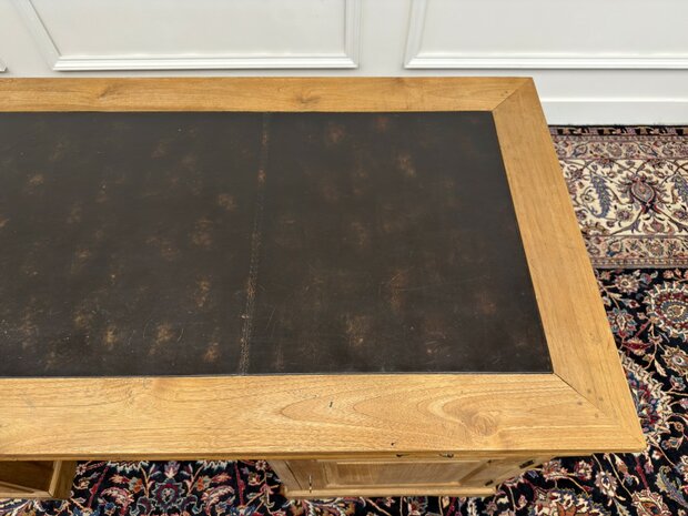 Klassiek-Engels-Antiek-Oud-Vintage-Chesterfield-Teak-Bureau-Desk-Bruin-Leder