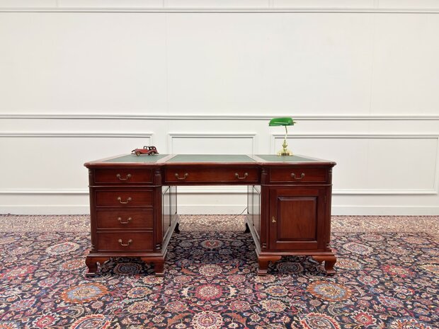 Klassiek-Engels-Antiek-Oud-Vintage-Chesterfield-Bureau-Desk-Partnerdesk-Groen-Leder-Ingelegd