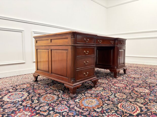 Klassiek-Engels-Antiek-Oud-Vintage-Chesterfield-Bureau-Desk-Partnerdesk-Groen-Leder-Ingelegd