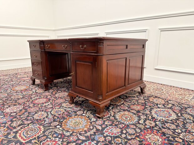 Klassiek-Engels-Antiek-Oud-Vintage-Chesterfield-Bureau-Desk-Partnerdesk-Groen-Leder-Ingelegd