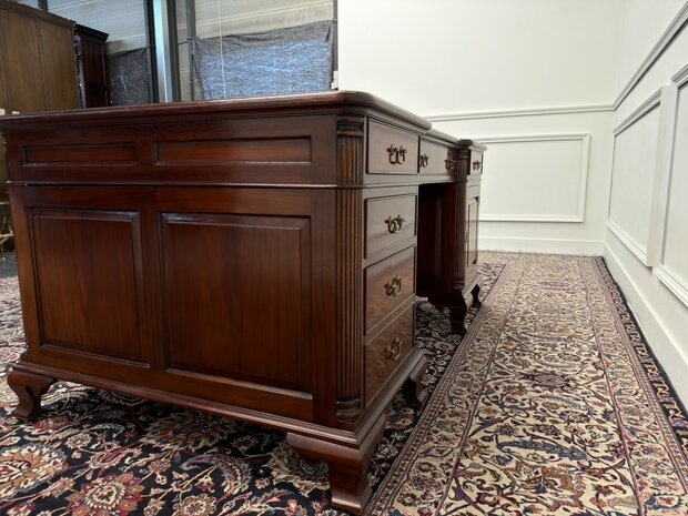 Klassiek-Engels-Antiek-Oud-Vintage-Chesterfield-Bureau-Desk-Partnerdesk-Groen-Leder-Ingelegd