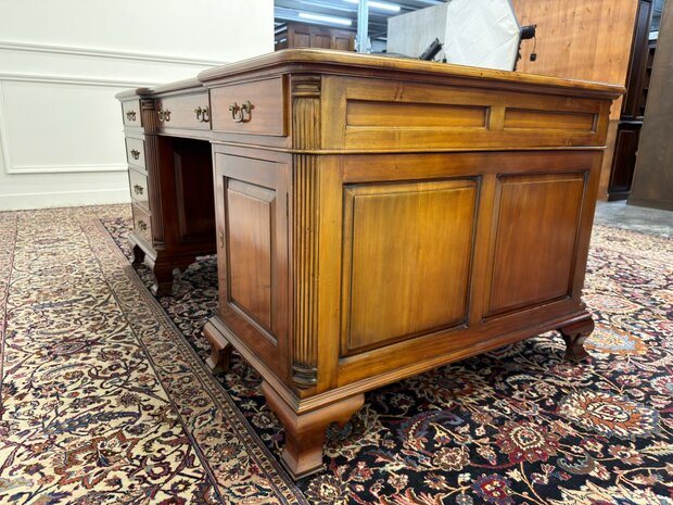 Klassiek-Engels-Antiek-Oud-Vintage-Chesterfield-Bureau-Desk-Partnerdesk-Groen-Leder-Ingelegd