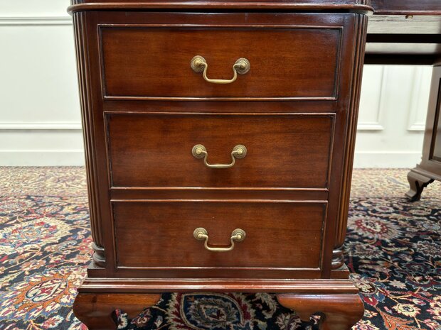 Klassiek-Engels-Antiek-Oud-Vintage-Chesterfield-Bureau-Desk-Partnerdesk-Groen-Leder-Ingelegd