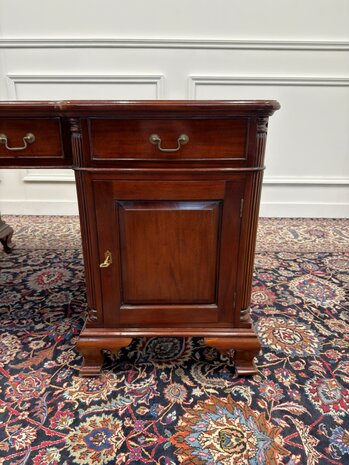 Klassiek-Engels-Antiek-Oud-Vintage-Chesterfield-Bureau-Desk-Partnerdesk-Groen-Leder-Ingelegd