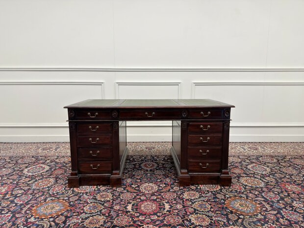 Klassiek-Engels-Antiek-Oud-Vintage-Chesterfield-Bureau-Desk-Groen-Leder-Ingelegd