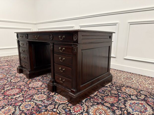 Klassiek-Engels-Antiek-Oud-Vintage-Chesterfield-Bureau-Desk-Groen-Leder-Ingelegd