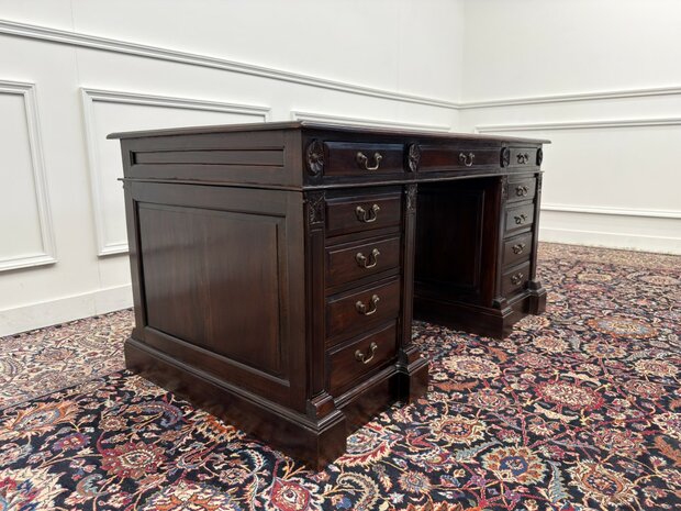 Klassiek-Engels-Antiek-Oud-Vintage-Chesterfield-Bureau-Desk-Groen-Leder-Ingelegd