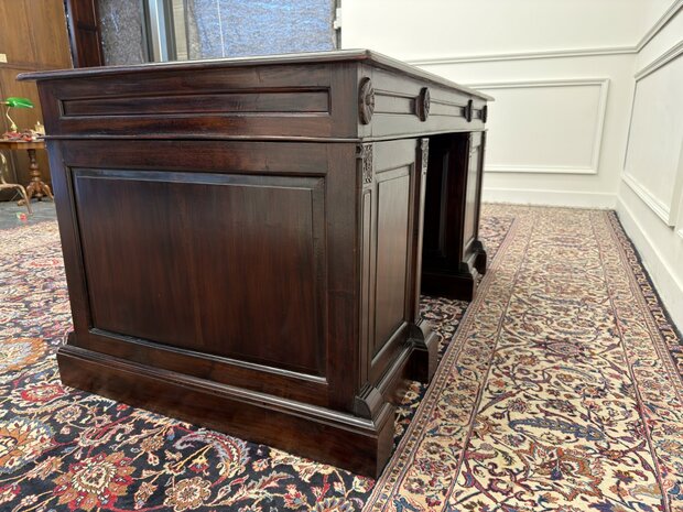 Klassiek-Engels-Antiek-Oud-Vintage-Chesterfield-Bureau-Desk-Groen-Leder-Ingelegd