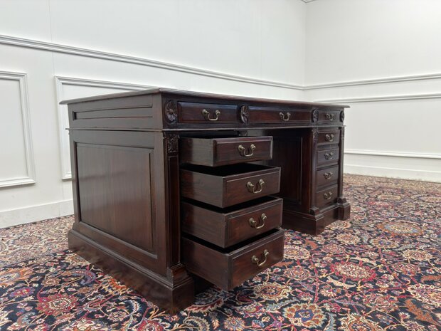 Klassiek-Engels-Antiek-Oud-Vintage-Chesterfield-Bureau-Desk-Groen-Leder-Ingelegd
