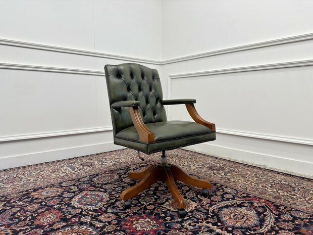 Klassiek-Engels-Antiek-Oud-Vintage-Chesterfield-Groene-Bureaustoel-President-Chair