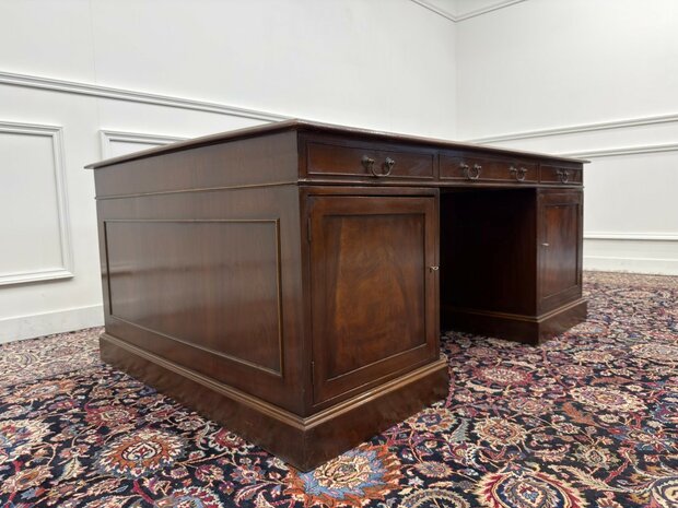 Groot-Klassiek-Engels-Antiek-Oud-Vintage-Chesterfield-Bureau-Desk-Partnerdesk-Groen-Leder-Ingelegd