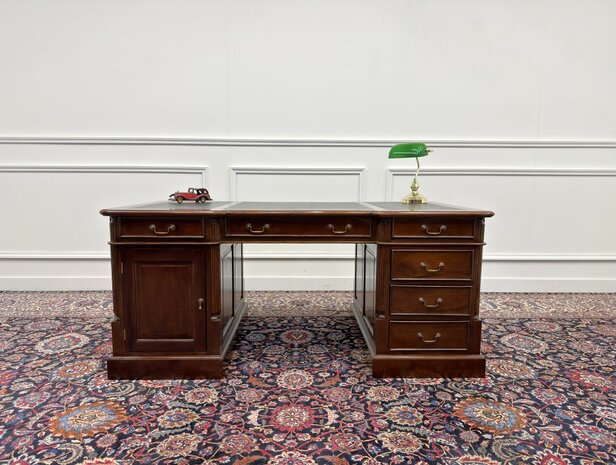 Klassiek-Engels-Oud-Antiek-Chesterfield-Vintage-Bureau-Desk-Partnerdesk-Groen-Leder