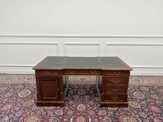 Klassiek-Engels-Oud-Antiek-Chesterfield-Vintage-Bureau-Desk-Partnerdesk-Groen-Leder