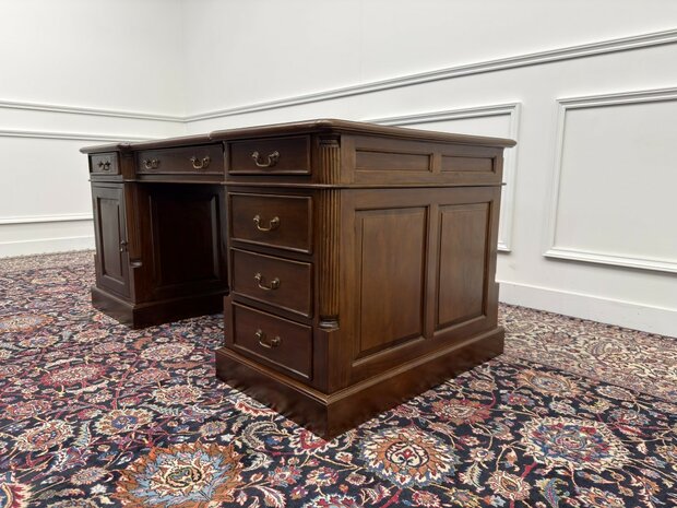 Klassiek-Engels-Oud-Antiek-Chesterfield-Vintage-Bureau-Desk-Partnerdesk-Groen-Leder