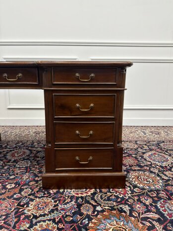 Klassiek-Engels-Oud-Antiek-Chesterfield-Vintage-Bureau-Desk-Partnerdesk-Groen-Leder