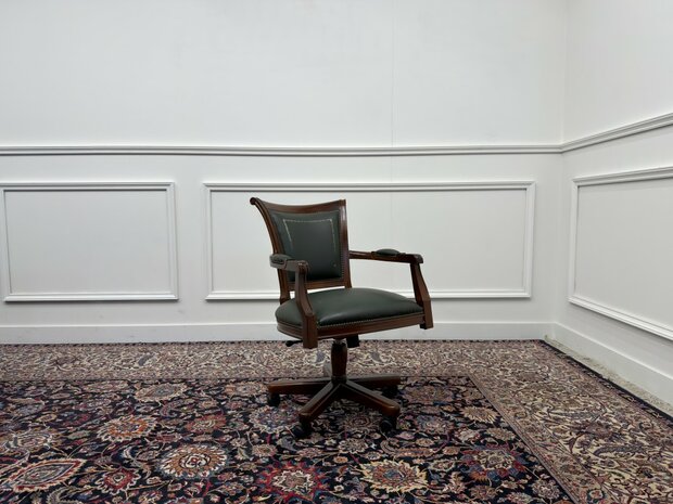 Klassiek-Antiek-Engels-Oud-Chesterfield-Bureaustoel-President-Chair-Groen-Leder