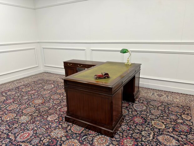 Klassiek-Antiek-Engels-Oud-Chesterfield-Originele-Globe-Wernicke-Bureau-Hoekbureau-Desk-Mahoniehout-Groen-Leder