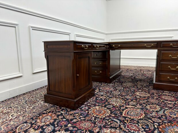 Klassiek-Antiek-Engels-Oud-Chesterfield-Originele-Globe-Wernicke-Bureau-Hoekbureau-Desk-Mahoniehout-Groen-Leder