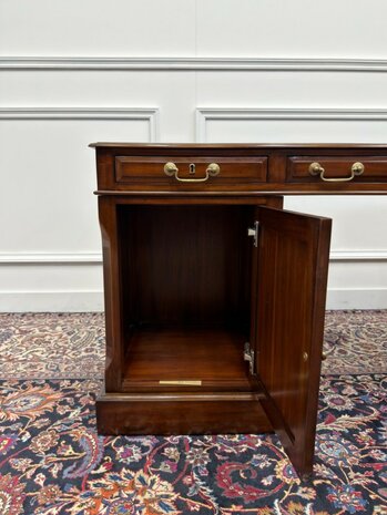 Klassiek-Antiek-Engels-Oud-Chesterfield-Originele-Globe-Wernicke-Bureau-Hoekbureau-Desk-Mahoniehout-Groen-Leder