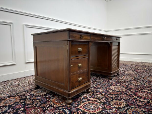 Klassiek-Antiek-Oud-Italiaans-Assi-D'asolo-Bureau-Desk-Kersenhout-Zwart-Leder