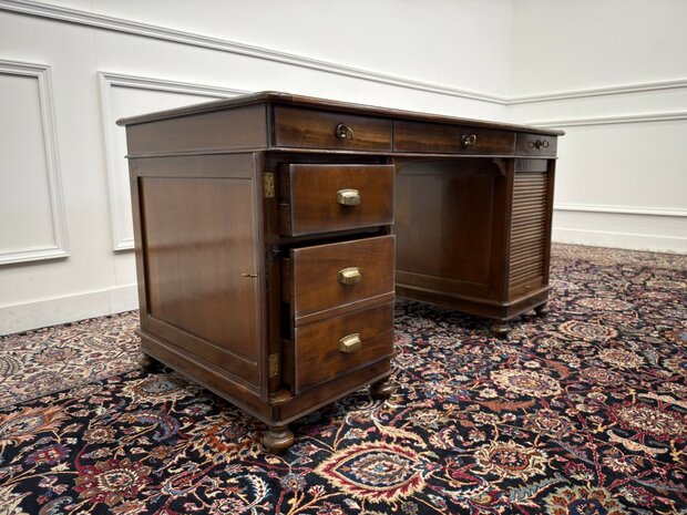Klassiek-Antiek-Oud-Italiaans-Assi-D'asolo-Bureau-Desk-Kersenhout-Zwart-Leder